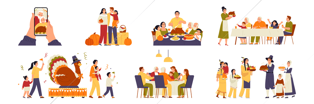 Family celebrating thanksgiving day and having festive dinner flat set isolated vector illustration