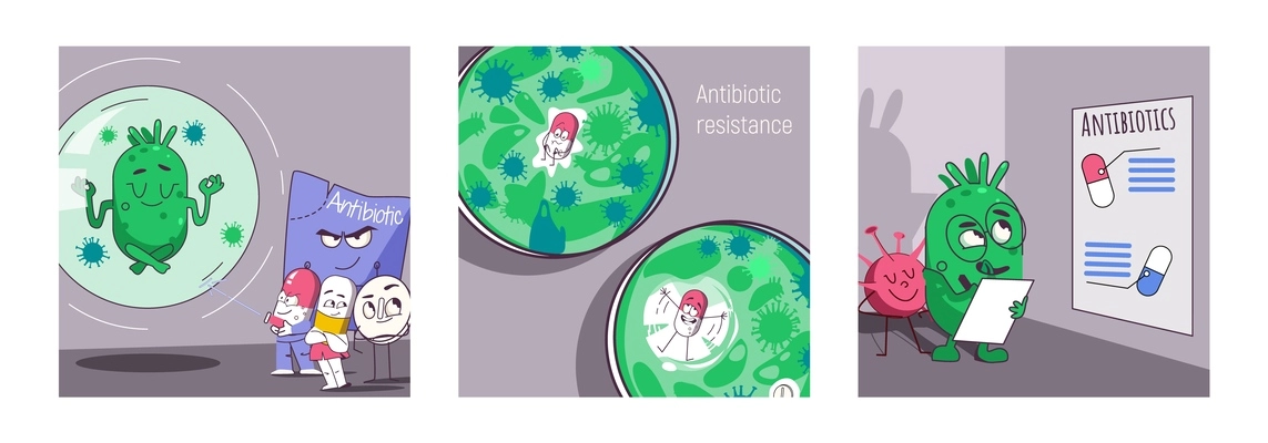 Antibiotic resistance flat concept set with characters of bacteria and pills isolated vector illustration
