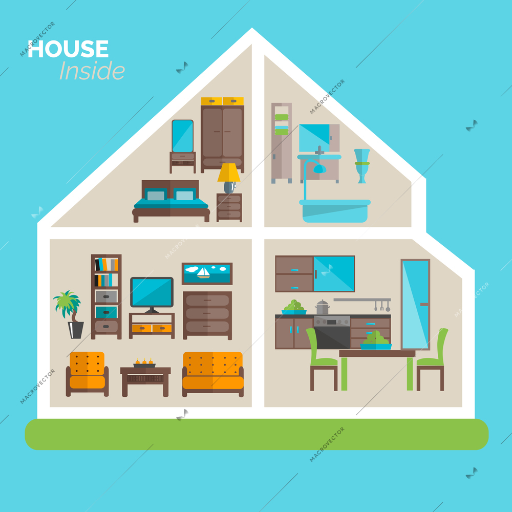 House inside interior design ideas poster for sleeping sitting rooms and kitchen furniture flat abstract vector illustration