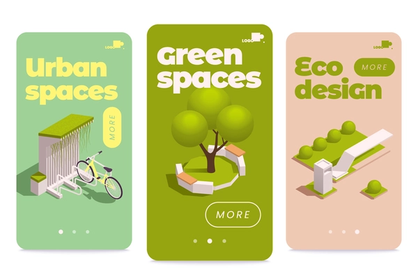 Three vertical urban city green spaces eco design isometric banner set with headlines and more button vector illustration