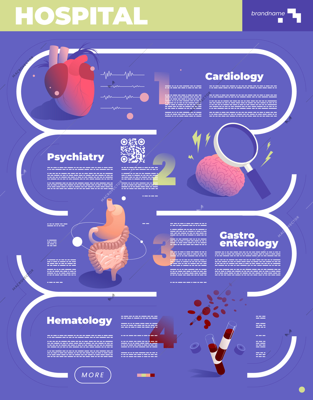 Sections of medicine isometric colored concept with cardiology psychiatry gastroenterology hematology descriptions vector illustration