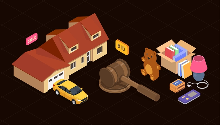 Garage sale isometric concept with vintage goods auction vector illustration