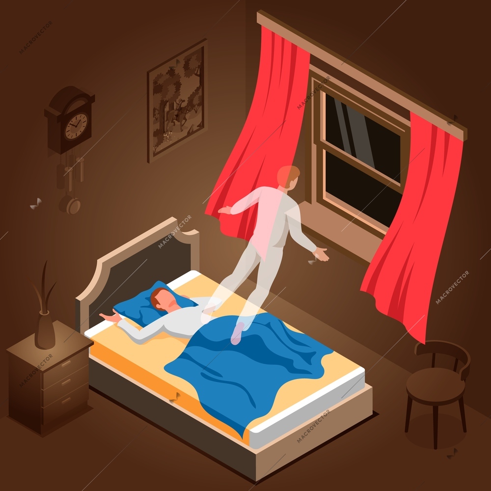 Man in his bedroom experiencing nightmare 3d isometric vector illustration