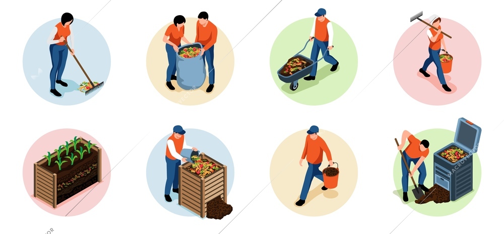 Gardeners making compost isometric compositions set isolated 3d vector illustration