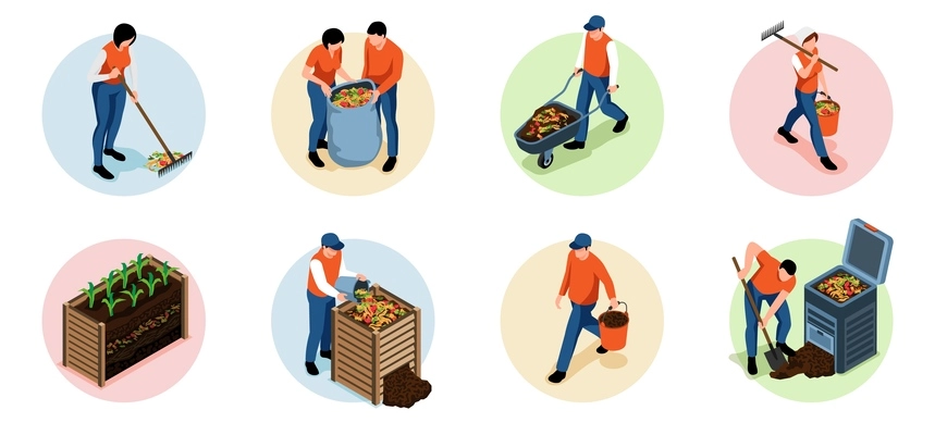 Gardeners making compost isometric compositions set isolated 3d vector illustration