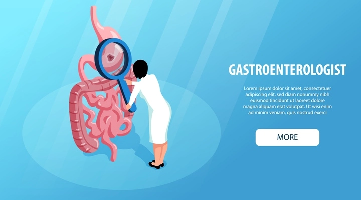 Isometric horizontal website banner with female gastroenterologist examining unhealthy stomach with magnifier vector illustration