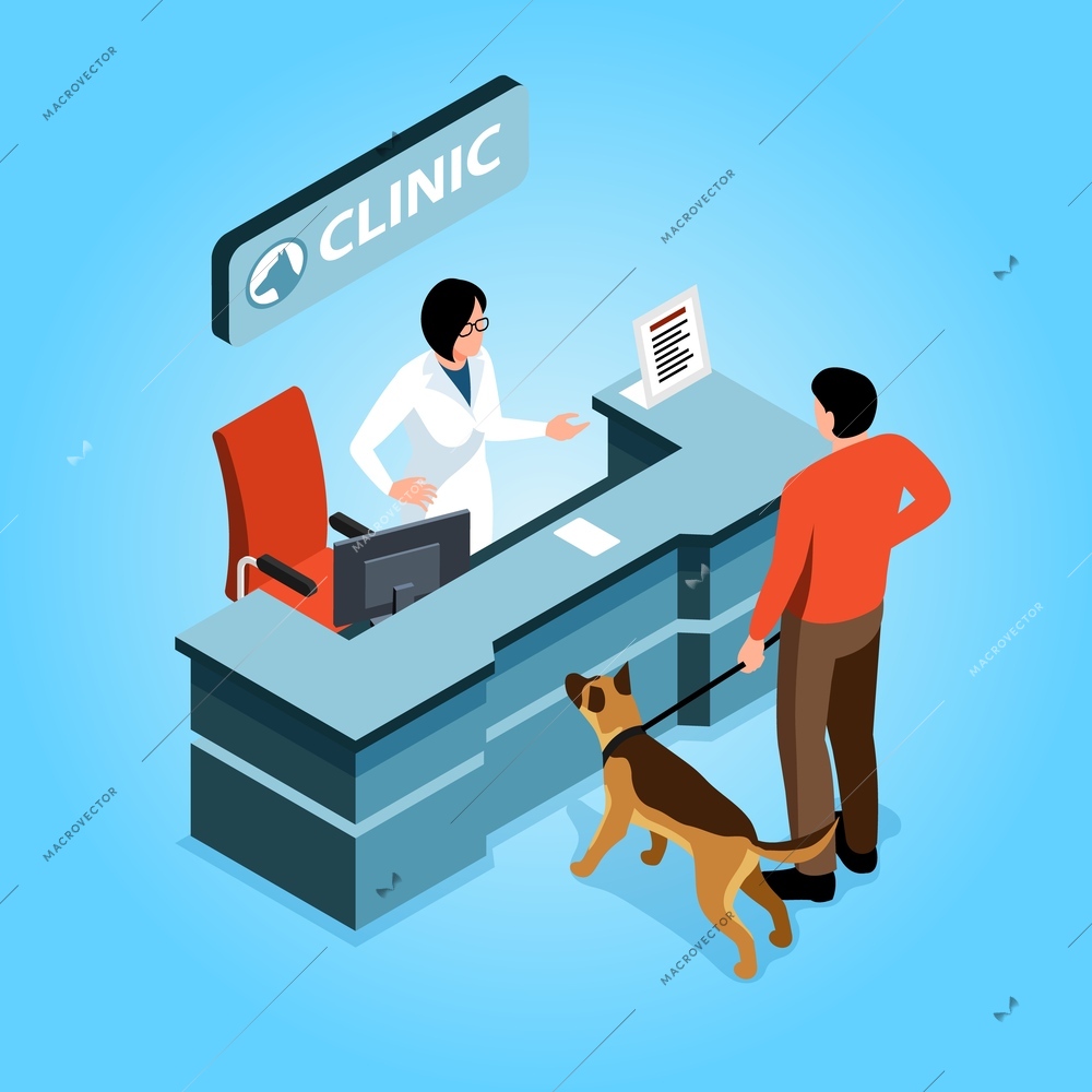 Veterinary clinic isometric composition with male dog owner and female worker at reception desk on blue background vector illustration