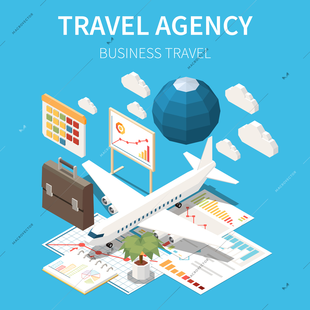 Touristic travel agency isometric colored concept with business travel description map white aeroplane calendar suitcase vector illustration