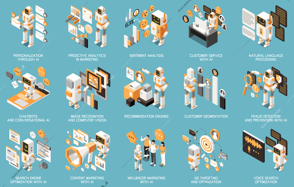 Marketing AI technologies isometric icon set with personalization throught customer service natural language processing chatbots recommendation engines and other descriptions vector illustration