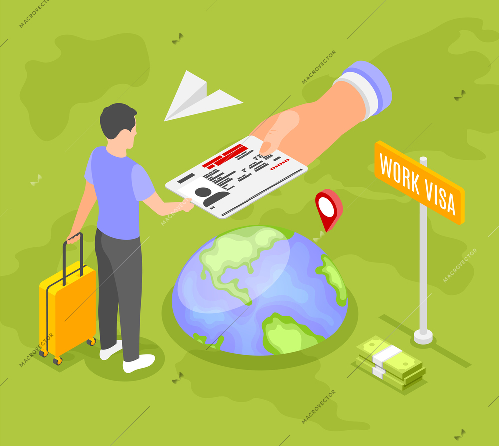 Isometric work migration concept with man with suitcase getting visa for employment abroad vector illustration