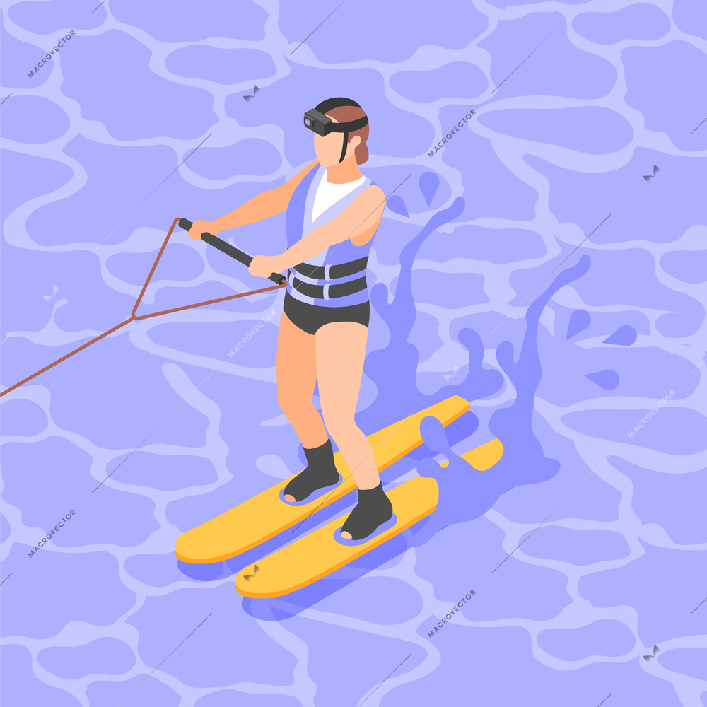 Woman water skiing wearing action camera on head isometric background vector illustration