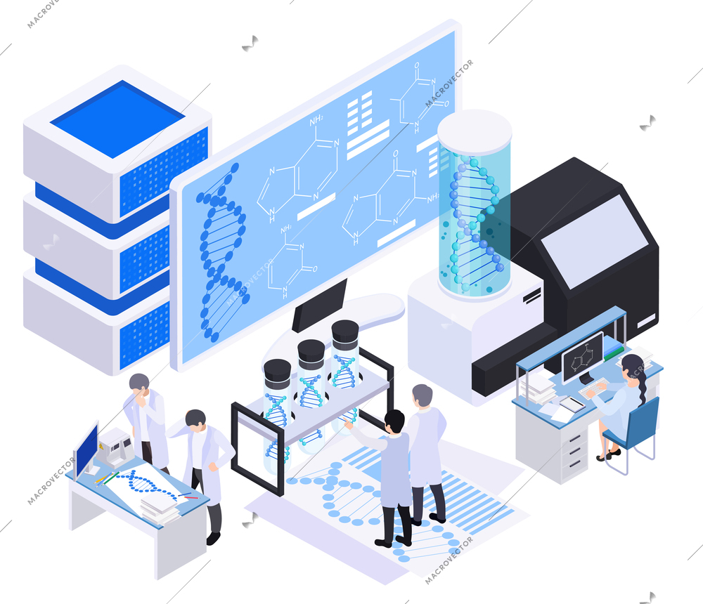 Biotechnology isometric composition with icons of computer screen server rack scientists and test tubes with dna vector illustration