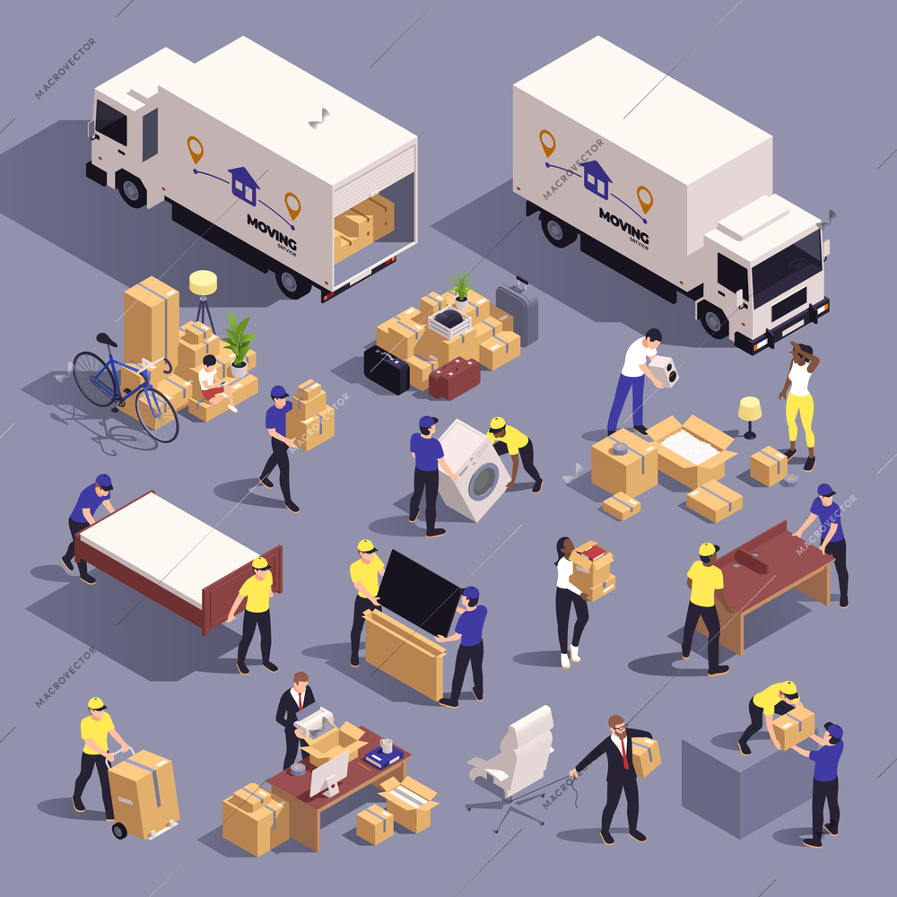 Relocation company and moving service isometric icons set with people relocating goods isolated vector illustration