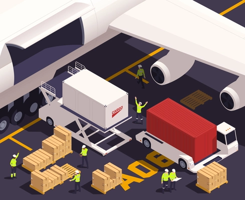 Air cargo isometric concept with aircraft logistic and transportation scenes vector illustration