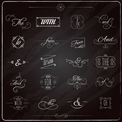 Catchwords and ampersand chalkboard calligraphic elements set isolated vector illustration