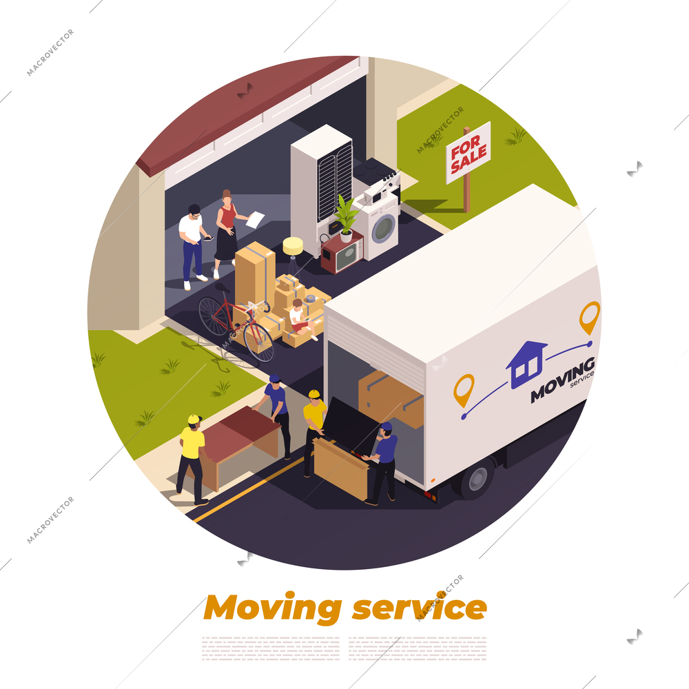 Relocation service isometric concept with moving company relocating people vector illustration