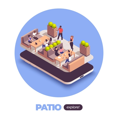 Street cafe isometric concept with restaurant terrace patio vector illustration