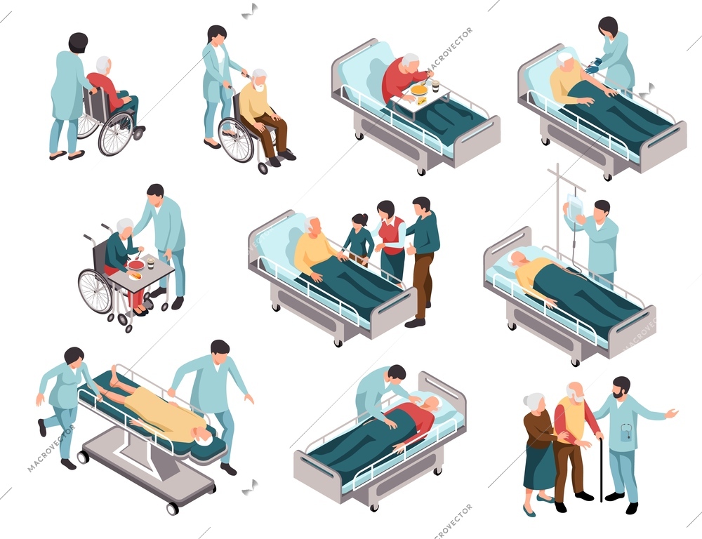 Elderly people getting treatment and care in hospital isometric set isolated vector illustration