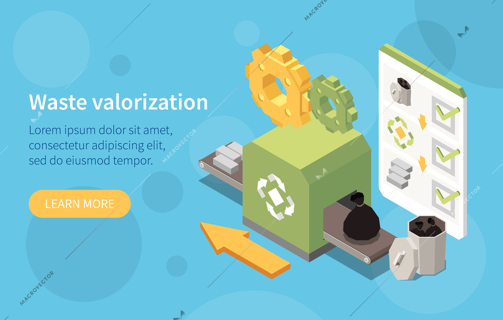 Sustainable manufacturing isometric web banner demonstrating information about waste valorization vector illustration