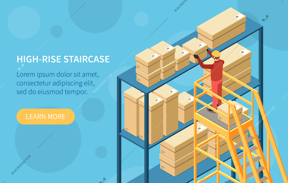 High rise staircase isometric banner illustrating with workman working in warehouse with top shelves workplace vector illustration