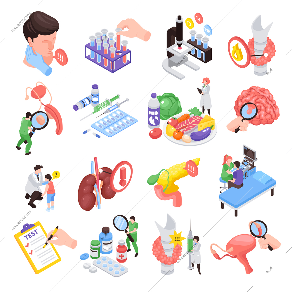 Isometric endocrinologist colored icon set with test lab tools organs body research vector illustration