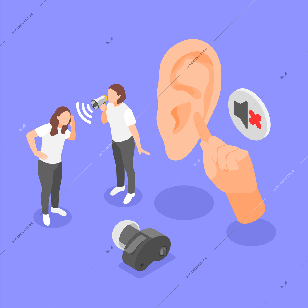 Deaf problems violet background with hearing aid and young girl screaming by megaphone to her girlfriend having problems with hearing isometric vector illustration