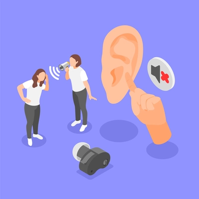 Deaf problems violet background with hearing aid and young girl screaming by megaphone to her girlfriend having problems with hearing isometric vector illustration