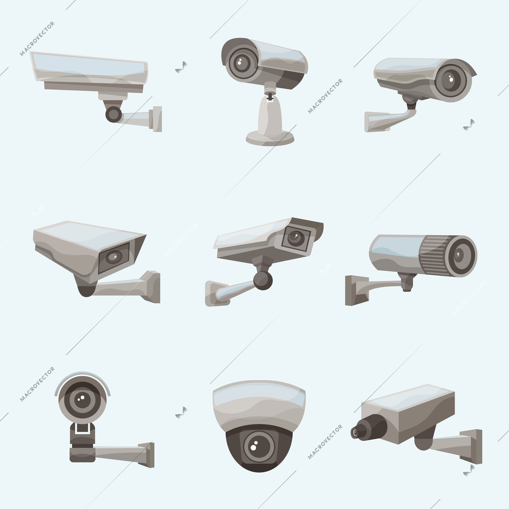 Surveillance camera security system realistic icons set isolated vector illustration