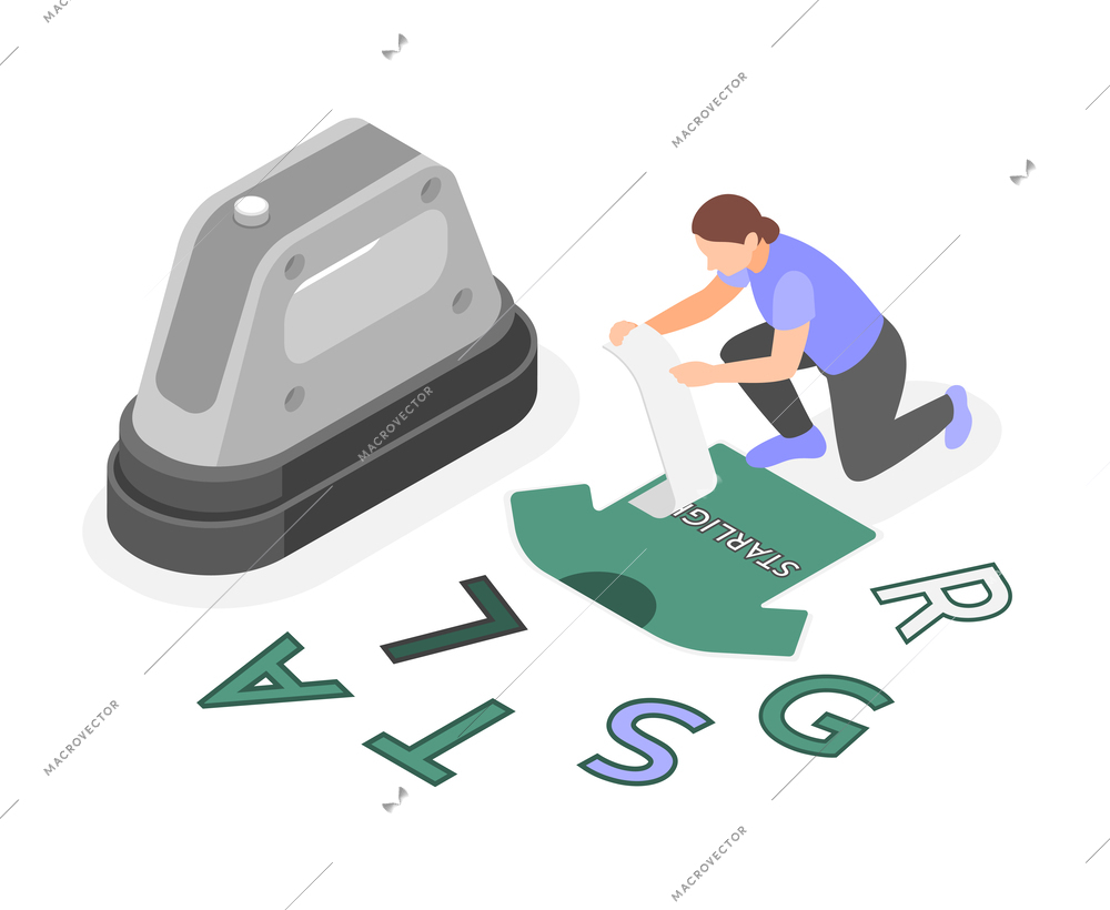 Fabric printing technologies isometric vector illustration with woman making inscription on t shirt with stencil