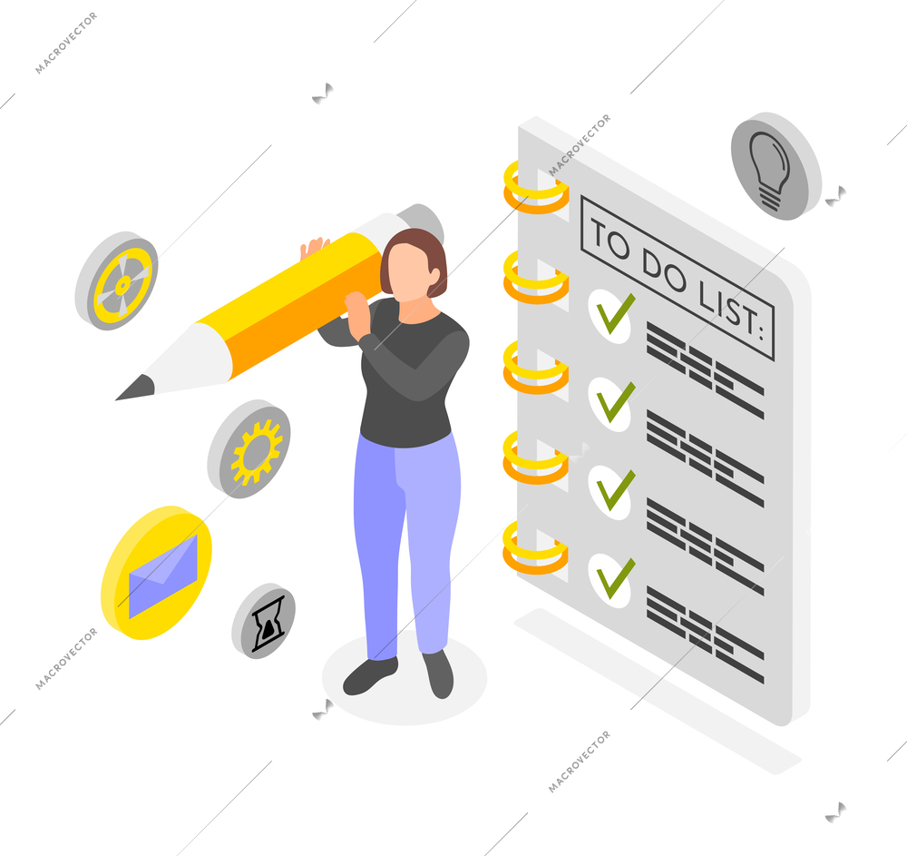 Personal productivity isometric concept with woman standing near large to do list 3d vector illustration