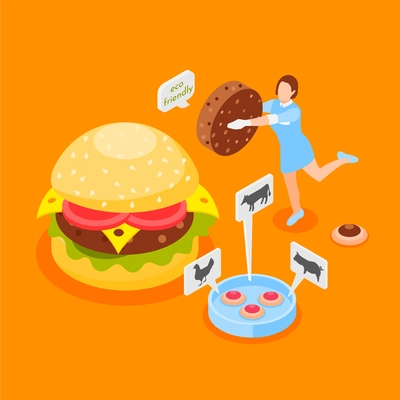 Artificial grown meat orange background with eco friendly products made from animal cells vector illustration