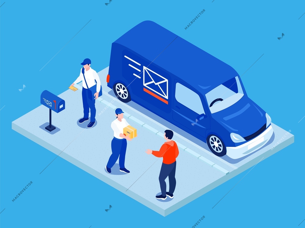 Isometric post office composition with isolated view of postal van with postmen in uniform mail recipient vector illustration