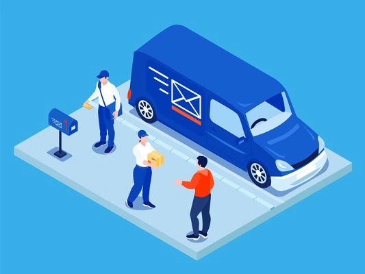 Isometric post office composition with isolated view of postal van with postmen in uniform mail recipient vector illustration