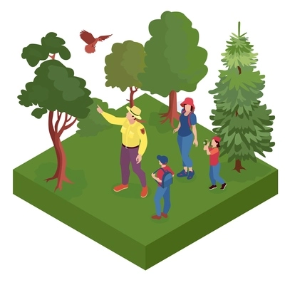 Isometric forest ranger isolated composition with isolated piece of forest with trees birds and walking people vector illustration