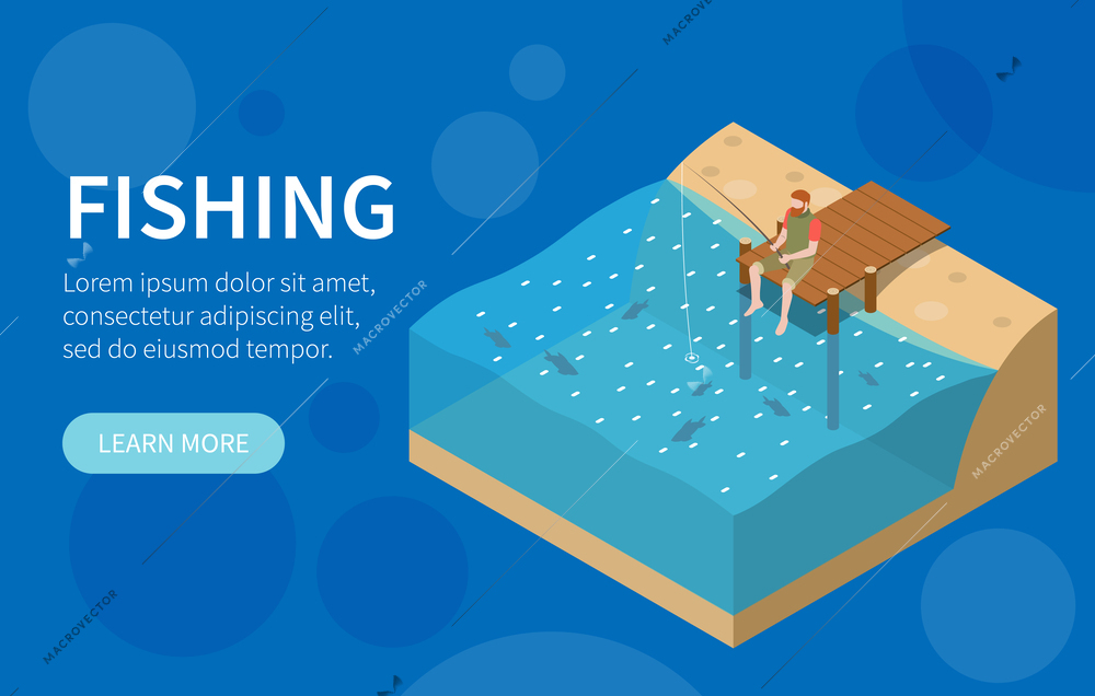 Horizontal fishing fisherman isometric banner with big headline and learn more button vector illustration