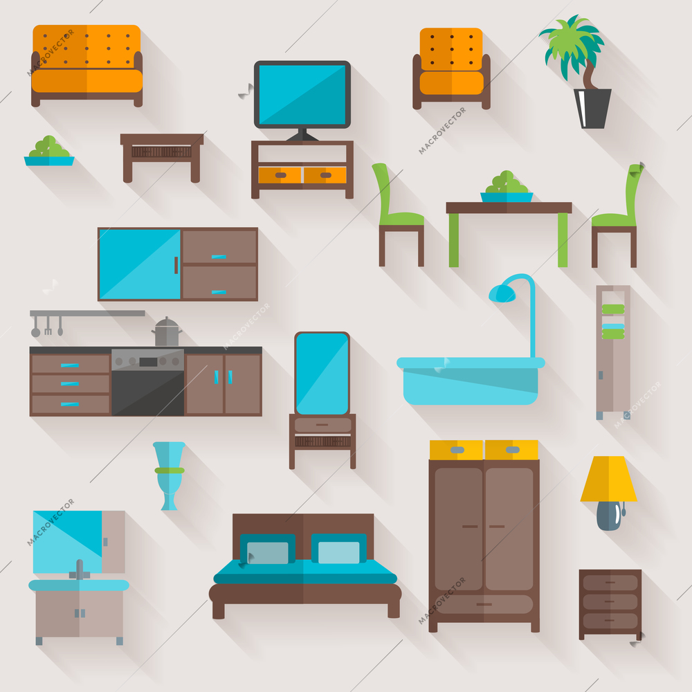 Home furniture and appliances pictograms set of living room salon table with chairs flat abstract  vector illustration