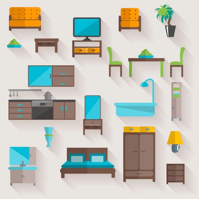 Home furniture and appliances pictograms set of living room salon table with chairs flat abstract  vector illustration