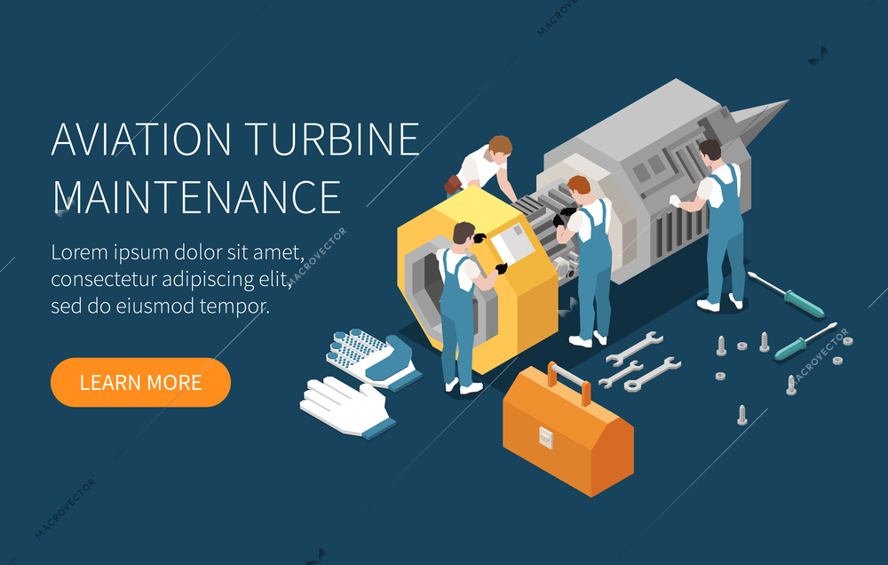 Horizontal industrial maintenance engineer technician isometric banner with aviation turbine maintenance headline vector illustration