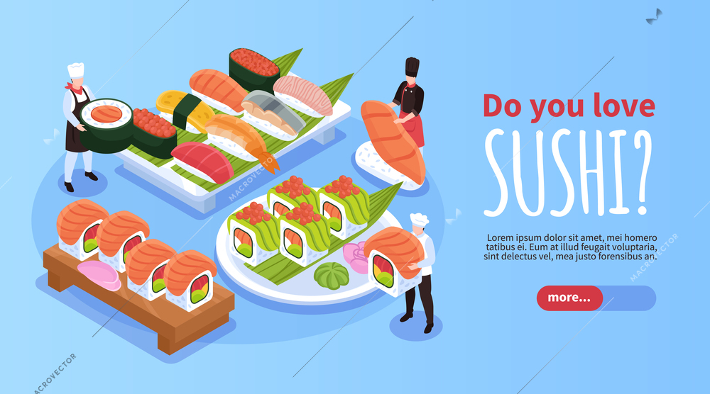 Isometric horizontal website blue background banner with sushi and maki served on trays and plate 3d vector illustration