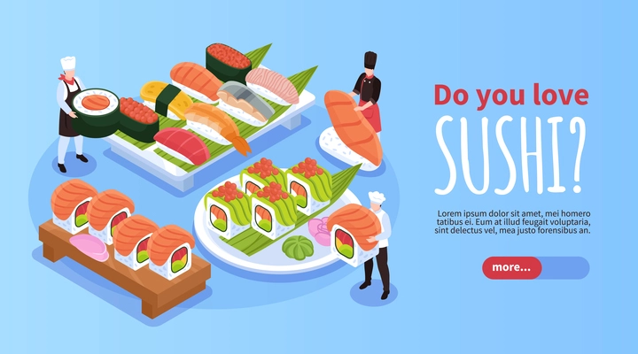 Isometric horizontal website blue background banner with sushi and maki served on trays and plate 3d vector illustration