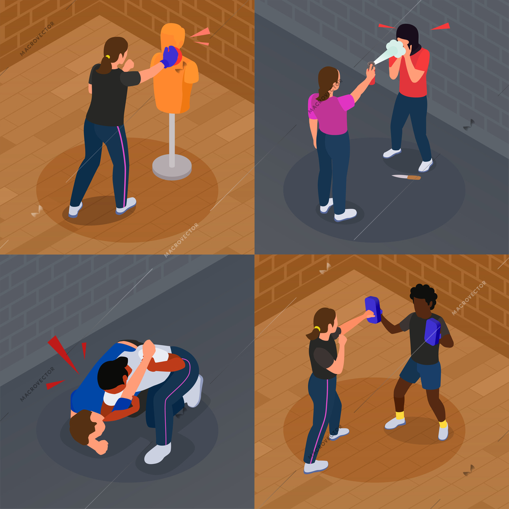 Self defence isometric 2x2 design concept with women training and protecting themselves isolated vector illustration
