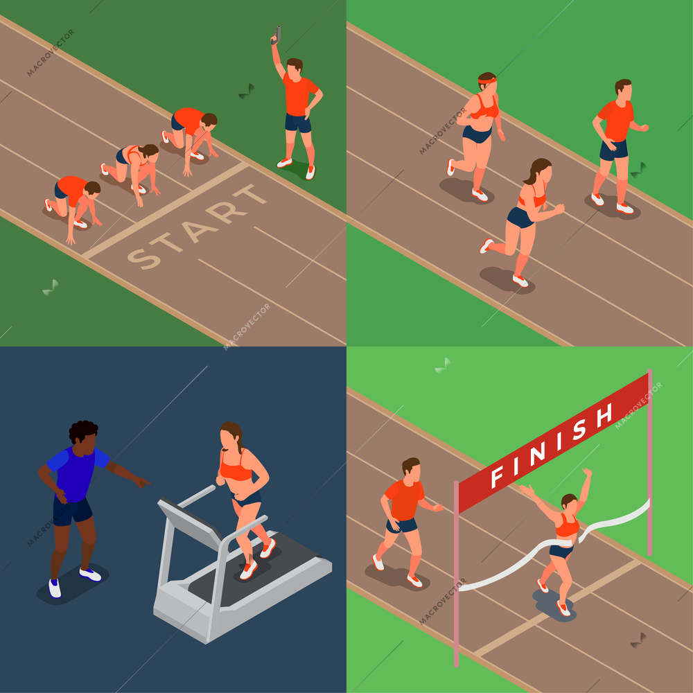Running people 2x2 design concept with marathon runners and woman jogging on treadmill 3d isometric isolated vector illustration