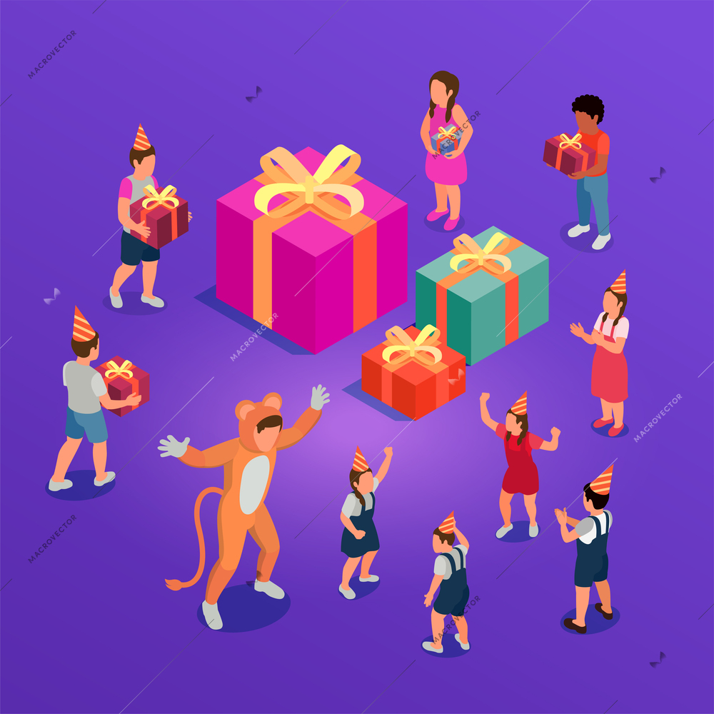 Birthday party isometric composition with children dancing getting presents and having fun with entertainer vector illustration