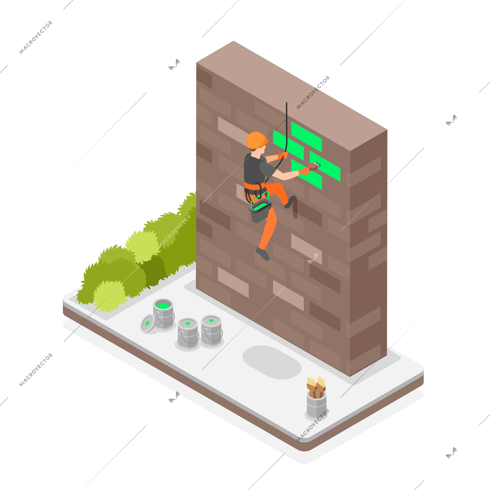 Industrial alpinism isometric abstract composition with male climber in workwear painting wall of city building vector illustration