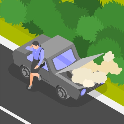 Traffic accident isometric background with unhappy woman character near broken car with opened smoking hood on road vector illustration