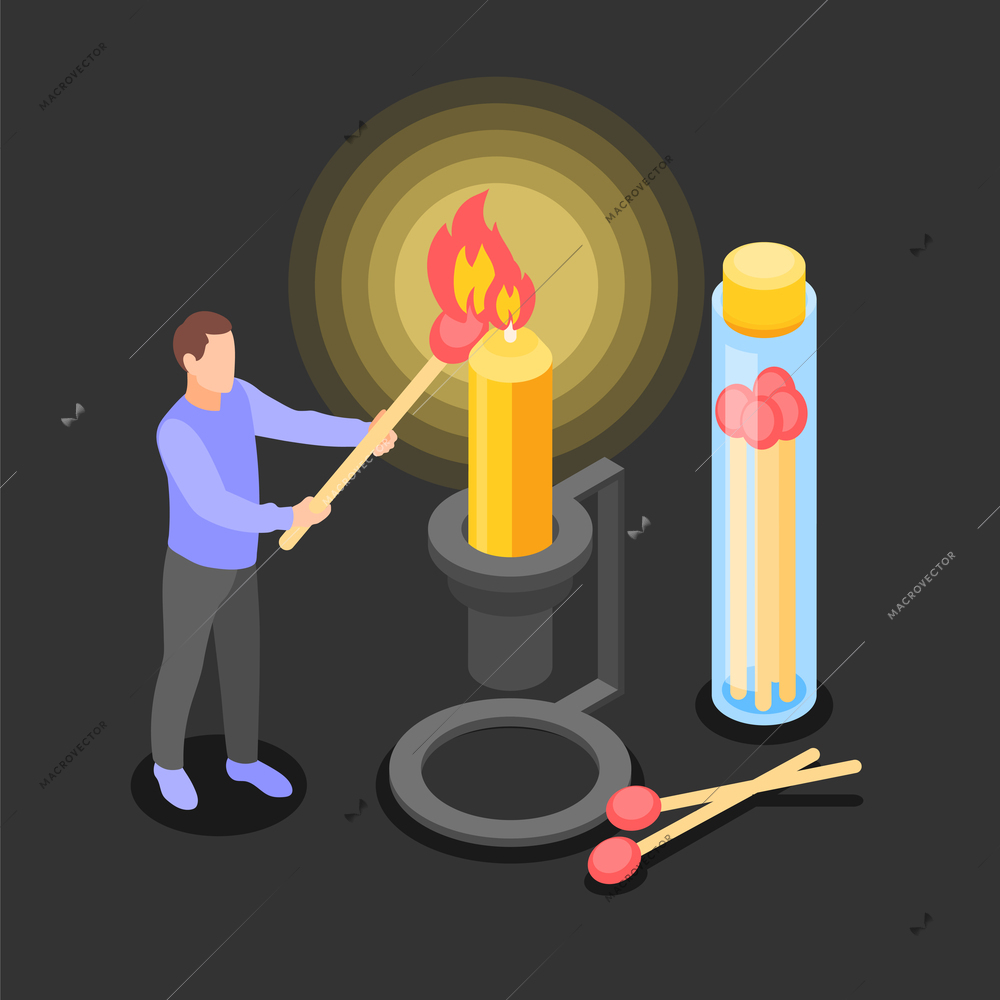 Power outage isometric design concept with man lighting big candle by giant match 3d vector illustration