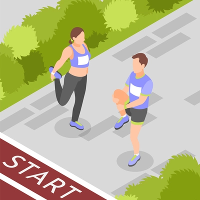 Marathon start isometric background with two runners warming before race 3d vector illustration