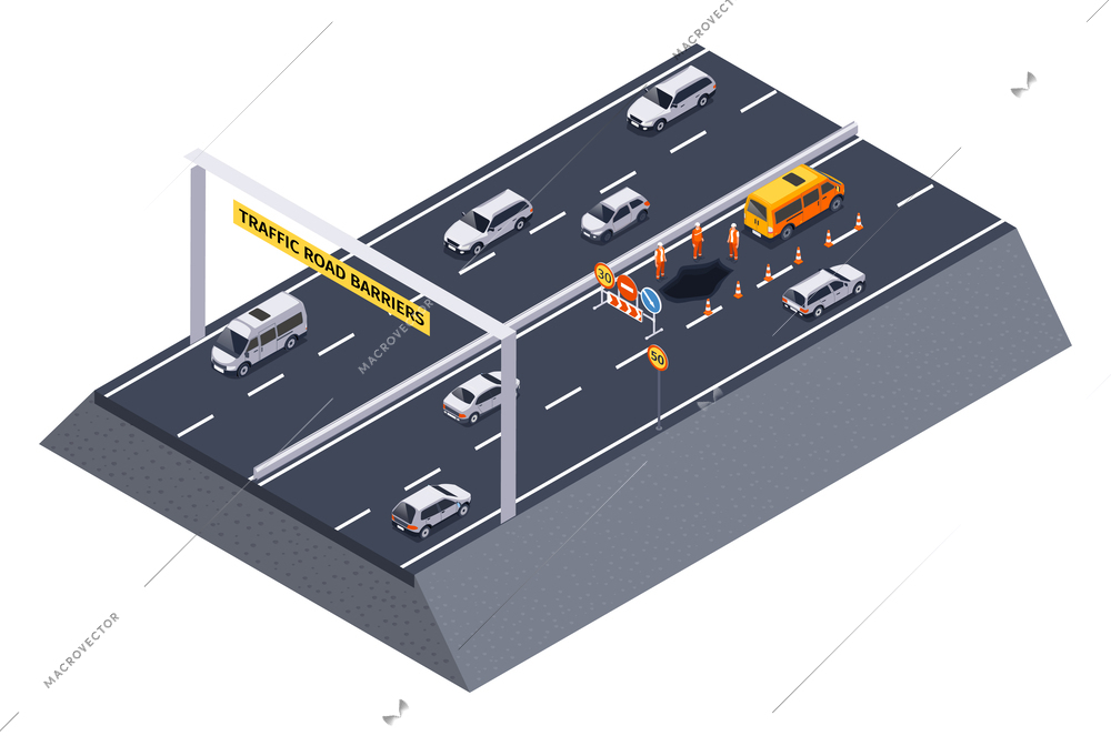Isometric traffic road barriers composition with isolated view of motorway section with maintenance workers traffic cones vector illustration