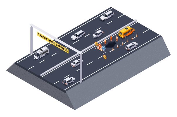 Isometric traffic road barriers composition with isolated view of motorway section with maintenance workers traffic cones vector illustration