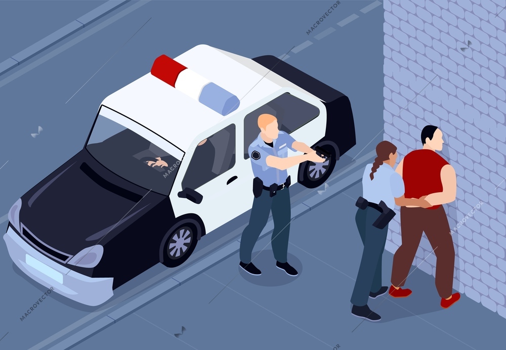 Isometric police composition with outdoor backstreet scenery with patrol car and two armed officers arresting criminal vector illustration